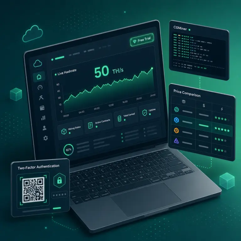 Overview illustration of the NoxHash free trial dashboard with hashrate chart, mining terminal, pricing, and 2FA elements