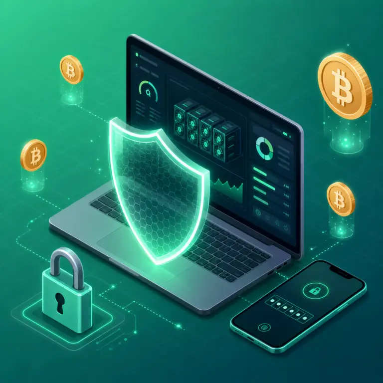 スマートフォンに表示された 2FA 認証コードとともに、NoxHash マイニングダッシュボードを守るシールドのイラスト
