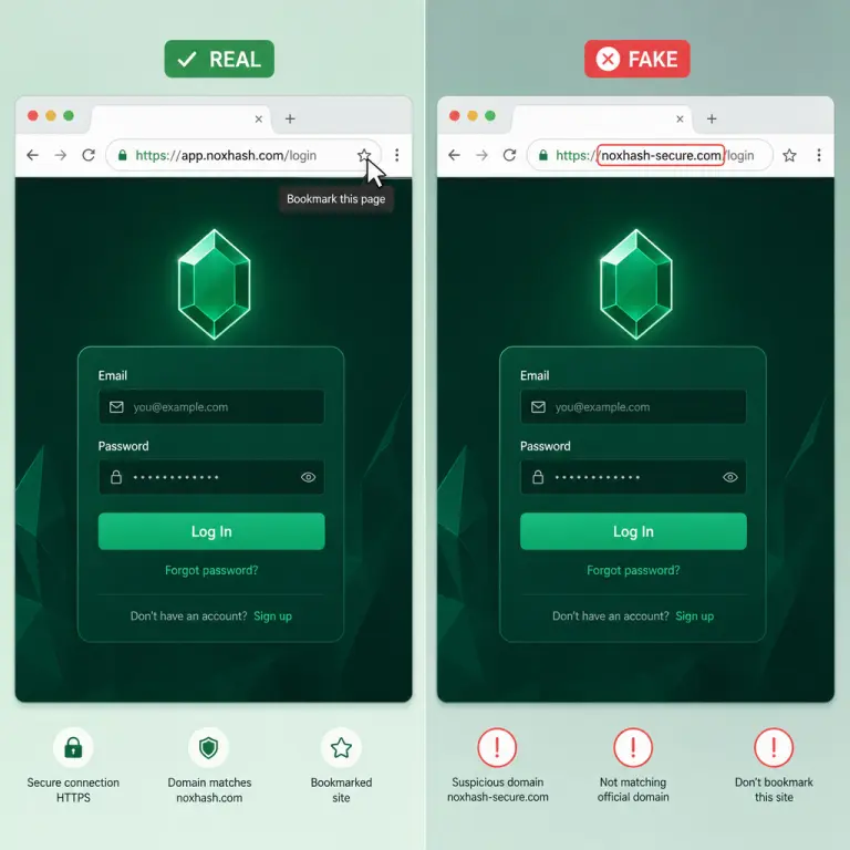 強調表示された URL の違いを示す、本物の NoxHash ログインページと偽フィッシングページの並列比較