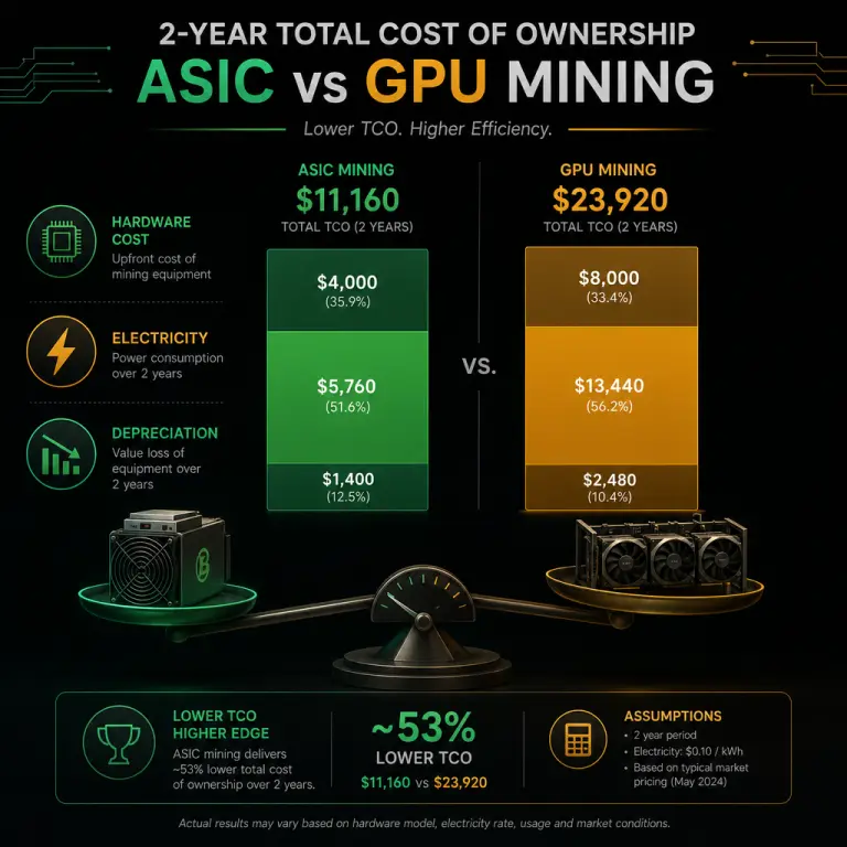 Визуальное сравнение двухлетней совокупной стоимости владения Bitcoin ASIC и GPU-ригом для майнинга