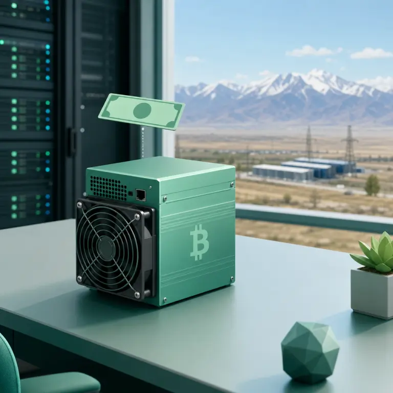 Иллюстрация компактного ASIC Basic Miner с ценником $20 на фоне дата-центра в Казахстане