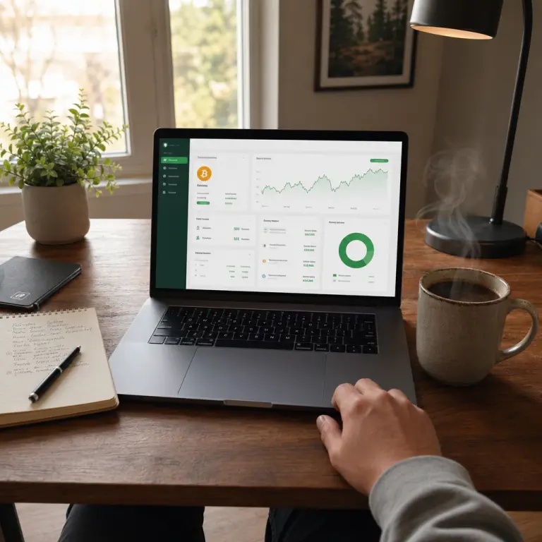 Beginner checking their first cloud mining dashboard on a laptop at a home desk in the morning