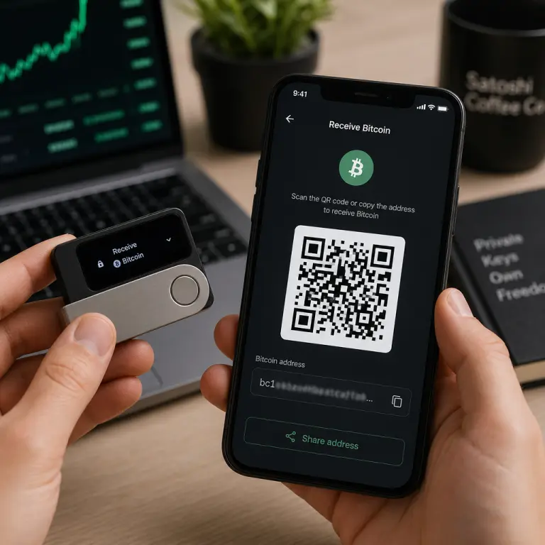 Hardware wallet and mobile wallet both displaying Bitcoin receive addresses for withdrawal