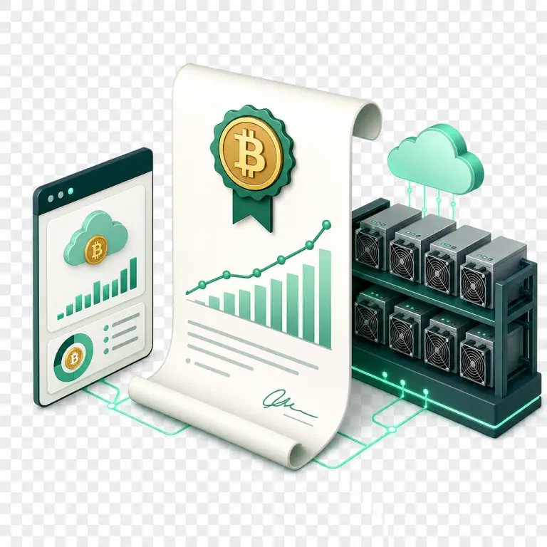 Иллюстрация документа контракта облачного майнинга Bitcoin, связанного с дата-центром, полным ASIC-майнеров, и панелью накопления BTC