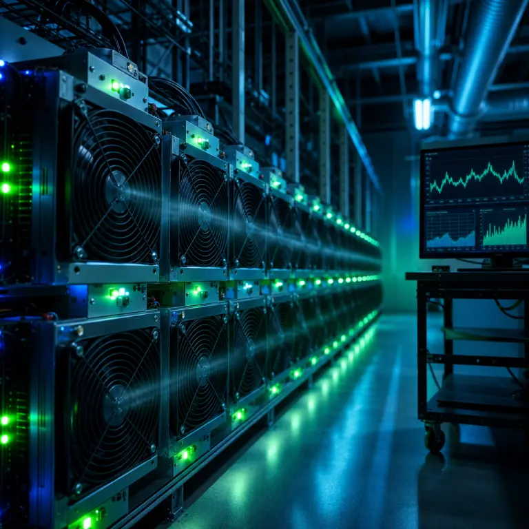 Modern high-efficiency ASIC miners running in a cold-climate data center after the 2024 Bitcoin halving