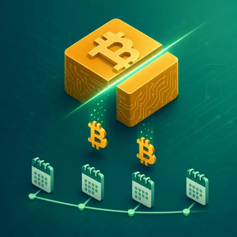 Illustration showing a Bitcoin block being halved across a four-event timeline from 2012 to 2024