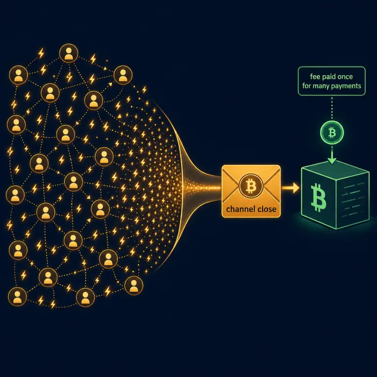 Infographic minh họa cách Lightning Network gộp hàng nghìn thanh toán off-chain vào một channel close on-chain trả một lần phí thợ đào