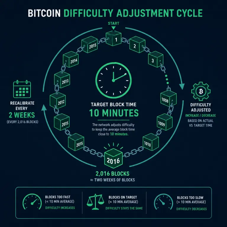 Diagram showing the Bitcoin difficulty adjustment cycle recalibrating every 2,016 blocks to hold the 10 minute block target