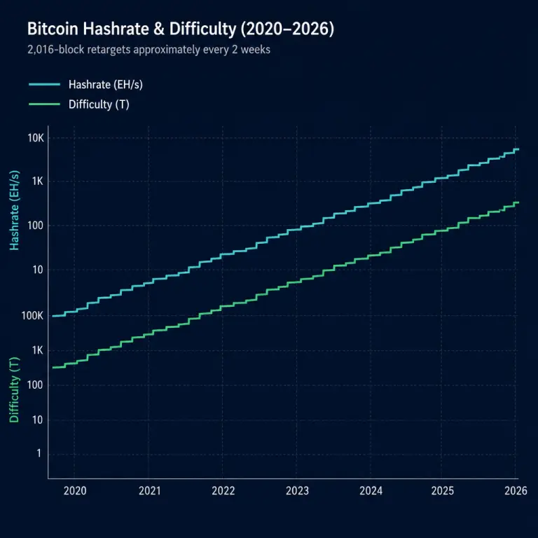 Line chart illustration showing Bitcoin network difficulty and hashrate rising together with step jumps at each 2,016-block retarget
