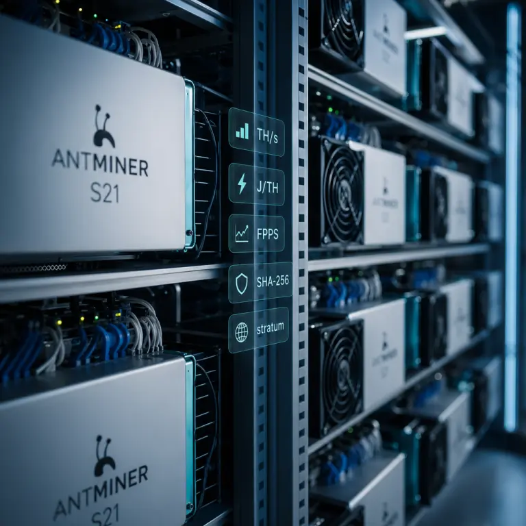 ASIC miners in a data center rack with holographic labels for key mining terminology