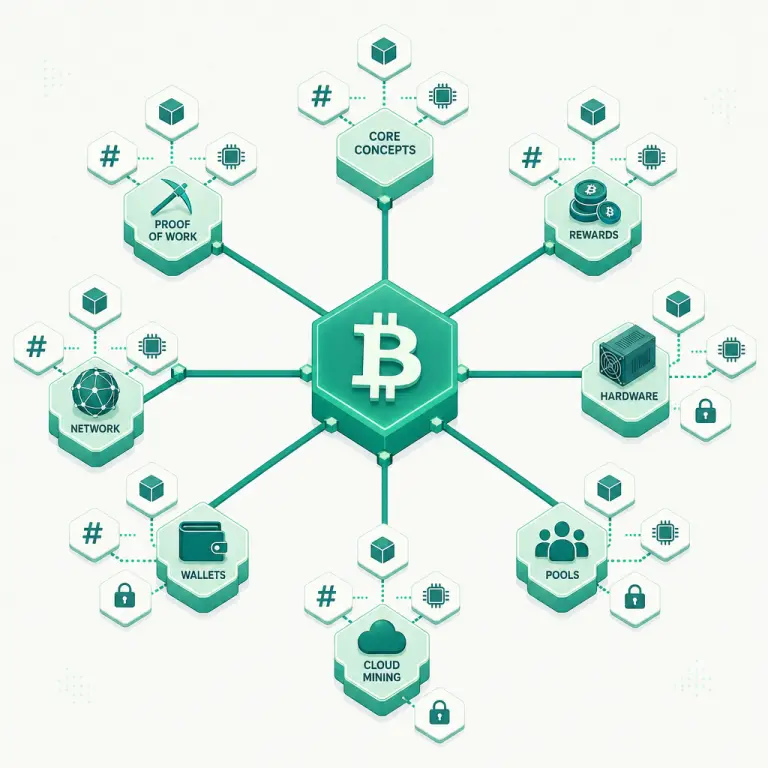 Illustration of a Bitcoin mining glossary tree branching into eight thematic categories of terminology