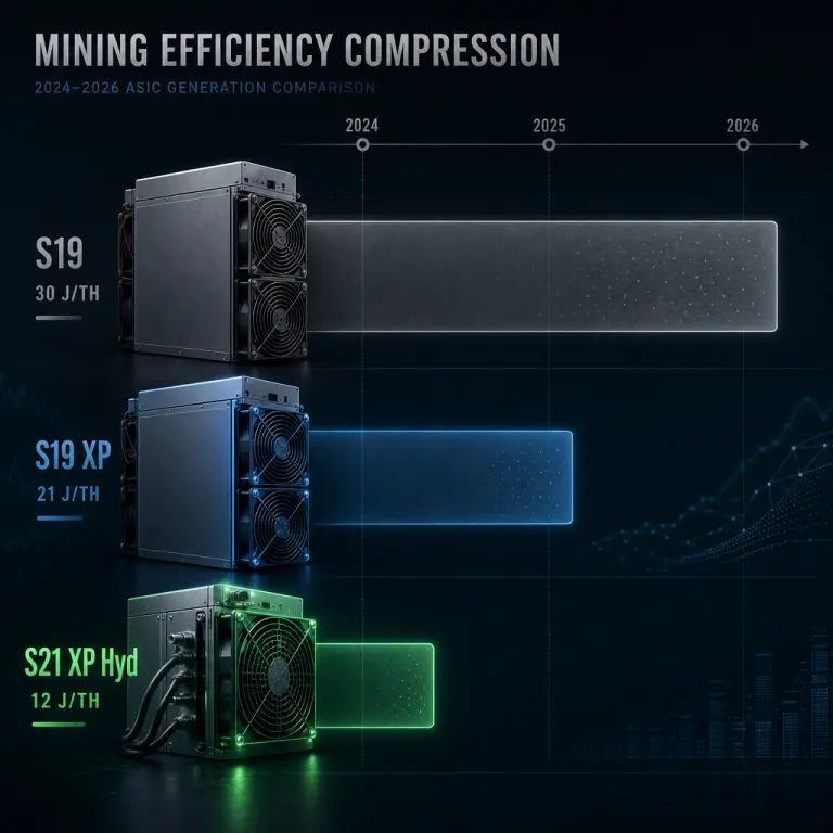 Illustration showing three generations of Bitcoin ASIC miners with shrinking power consumption bars, visualising the efficiency gain from 30 J/TH down to 12 J/TH since 2021