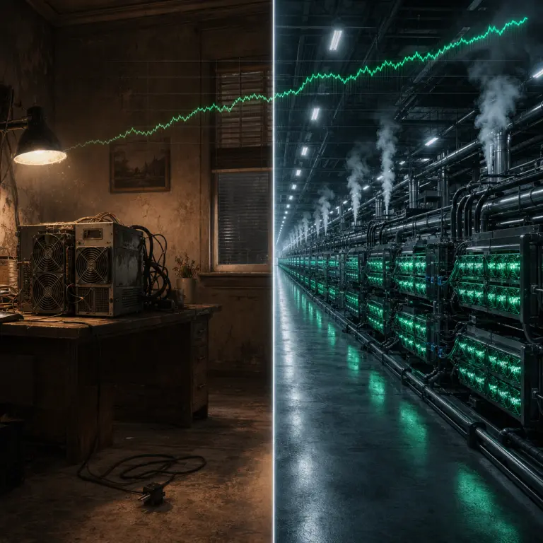 Split-scene illustration contrasting an idle home mining rig on the left with a busy industrial Bitcoin mining data center on the right, representing the two-year post-halving reality