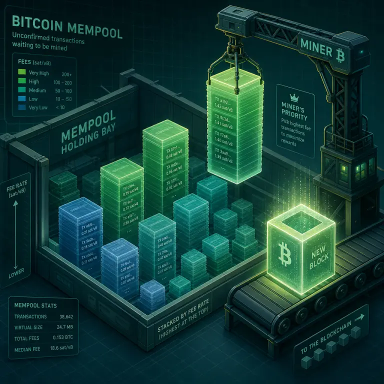 Minh hoạ mempool Bitcoin — các giao dịch được sắp xếp theo fee rate, chờ thợ đào chọn để đưa vào block tiếp theo