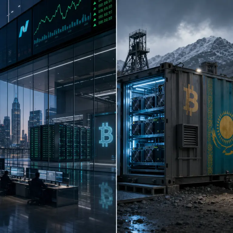 Conceptual split illustration comparing a public-company mining data center and a Kazakhstan industrial mining container