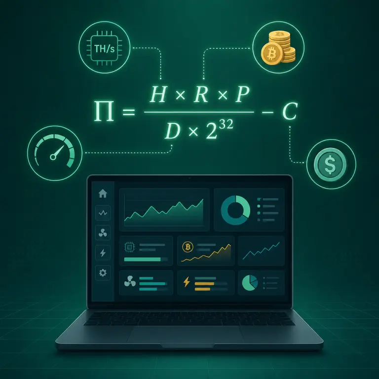 hashrate、block reward、difficultyの変数を含むビットコインマイニング収益公式のイラスト