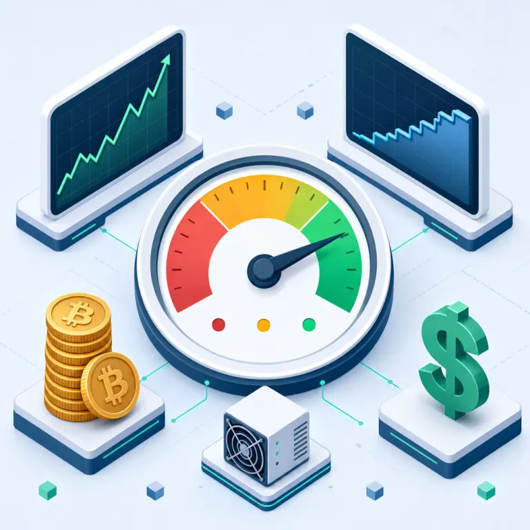 BTC 가격, 네트워크 난이도, USD 비용 변수를 보여주는 보조 패널과 함께한 클라우드 마이닝 수익성 게이지 일러스트