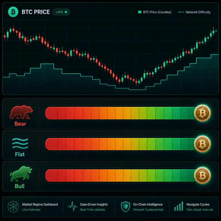 BTC 가격 차트와 네트워크 난이도 오버레이 위에 가로 진행바로 표현된 bear, flat, bull 세 가지 수익성 시나리오 일러스트