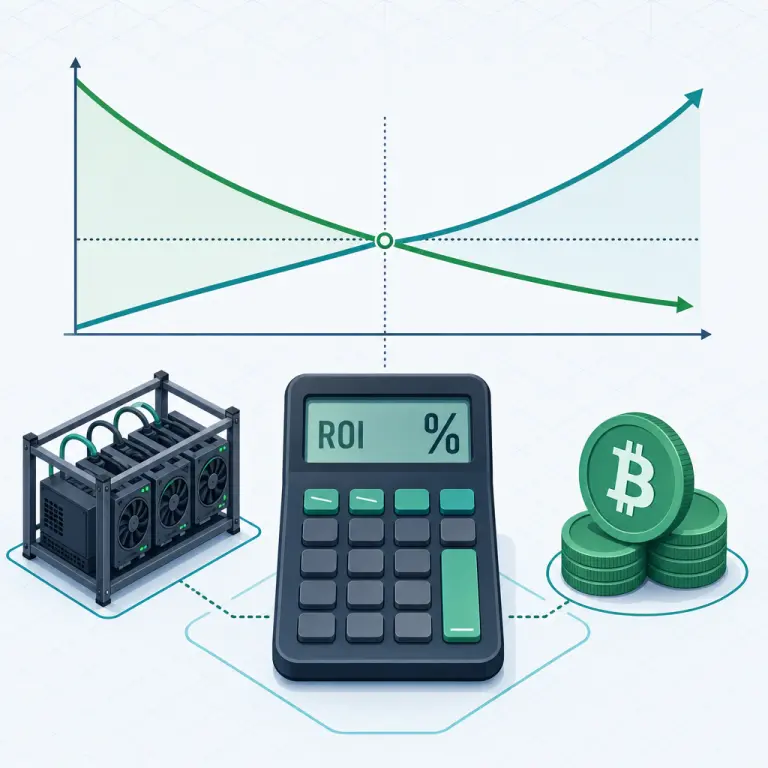 Illustration of a cloud mining ROI calculator with a mining rig, Bitcoin coin stack, and a break-even crossover line