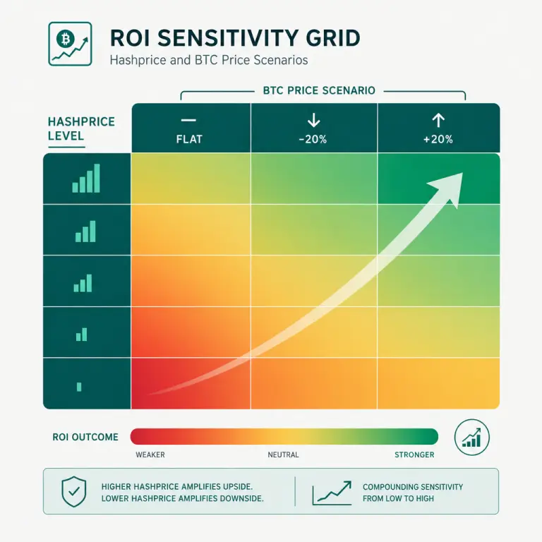 Illustration of a two-dimensional sensitivity grid showing ROI outcomes across hashprice levels and BTC price scenarios with a red-to-emerald color gradient