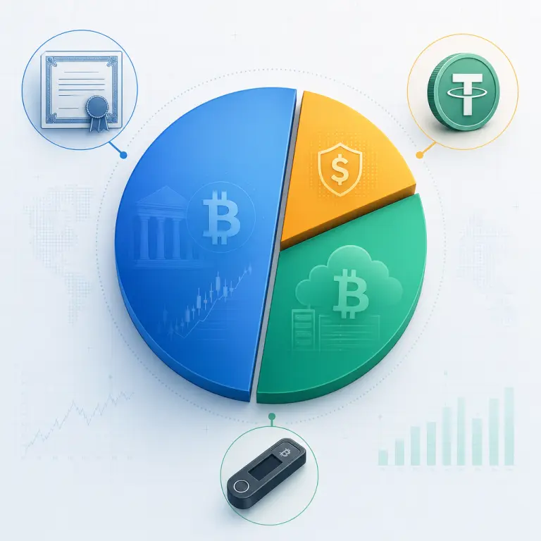현물 ETF 노출, 자가 수탁된 클라우드 마이닝 BTC, 전술적 USDT 현금 계층을 결합한 3분할 비트코인 배분 파이 차트 일러스트