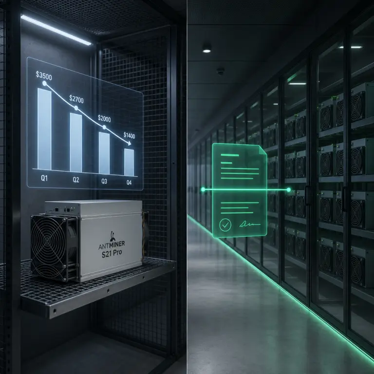 왼쪽에 소유한 Antminer S21 Pro 한 대의 감가상각 가치를, 오른쪽에 클라우드 마이닝 임대의 평탄한 고정 비용 프로필을 비교하는 분할 일러스트레이션