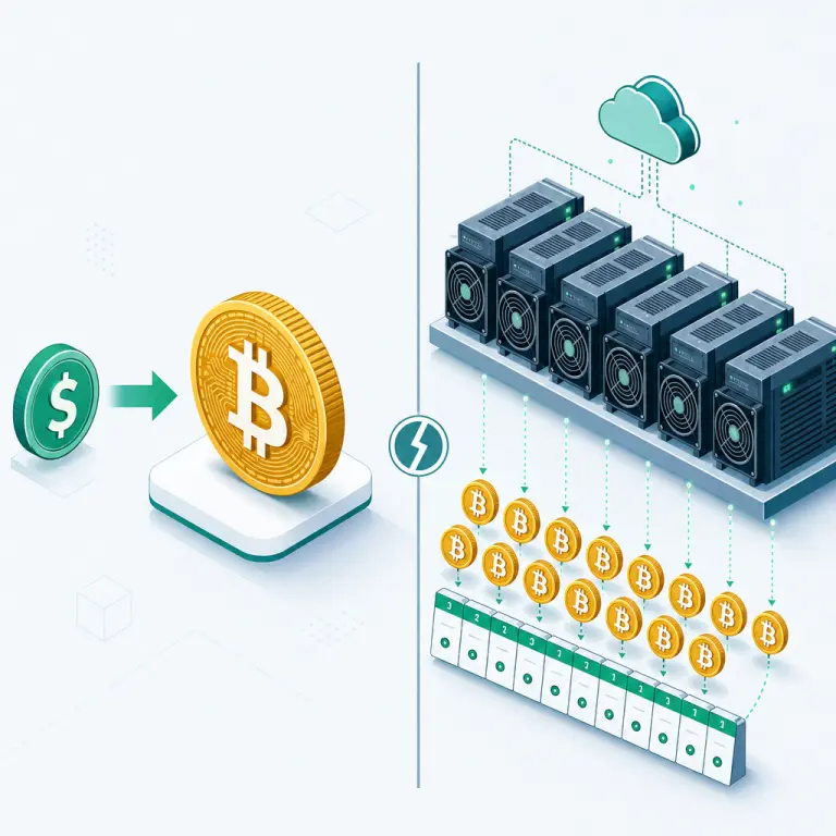 Illustration comparing two paths to accumulating Bitcoin — a single spot purchase on the left versus twelve monthly cloud mining payouts on the right