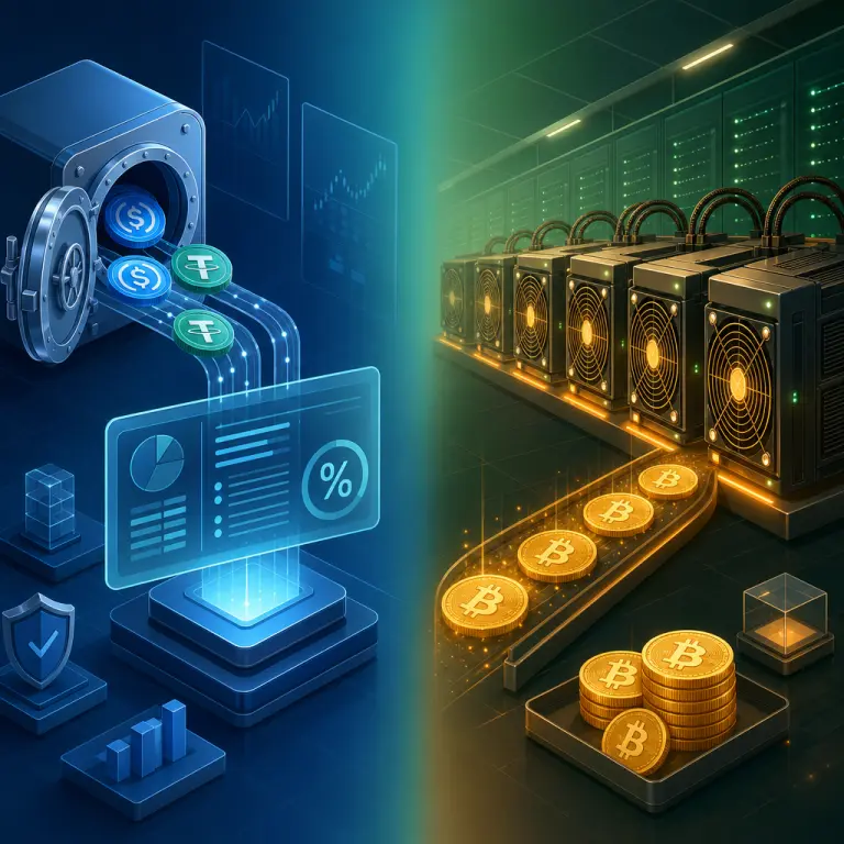 Hình minh họa chia đôi: kho tiền crypto lending bên trái và trung tâm dữ liệu cloud mining Bitcoin bên phải