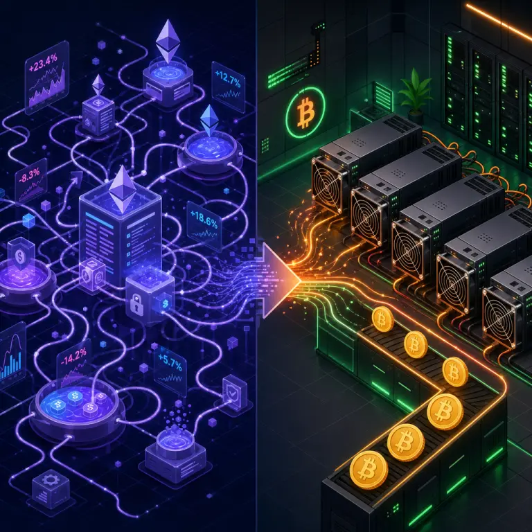 Illustration contrasting the chaotic web of DeFi yield farming on the left with the stable output of Bitcoin cloud mining on the right
