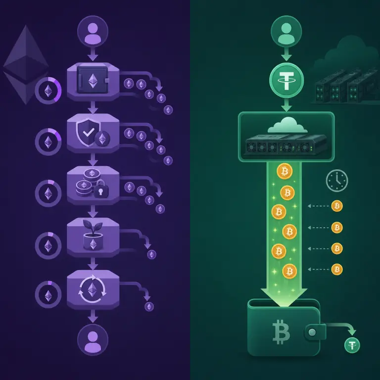 Illustration comparing frequent gas fees eroding a DeFi yield path versus a single deposit and clean BTC accrual in cloud mining