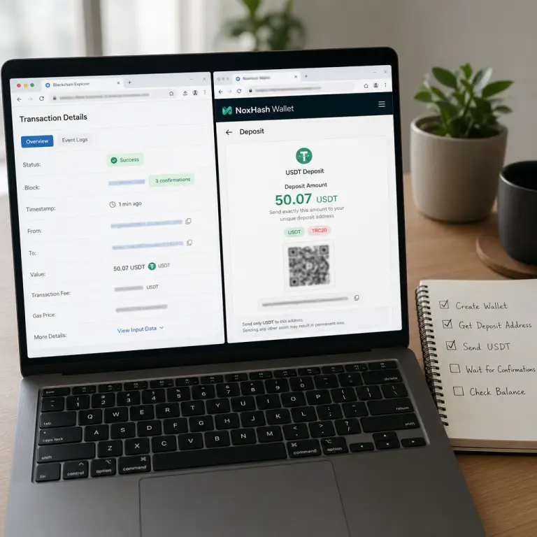 대기 중인 USDT 이체를 검증하는 데 사용된 NoxHash 입금 금액과 일치하는 block explorer 확인 화면을 보여 주는 노트북 화면