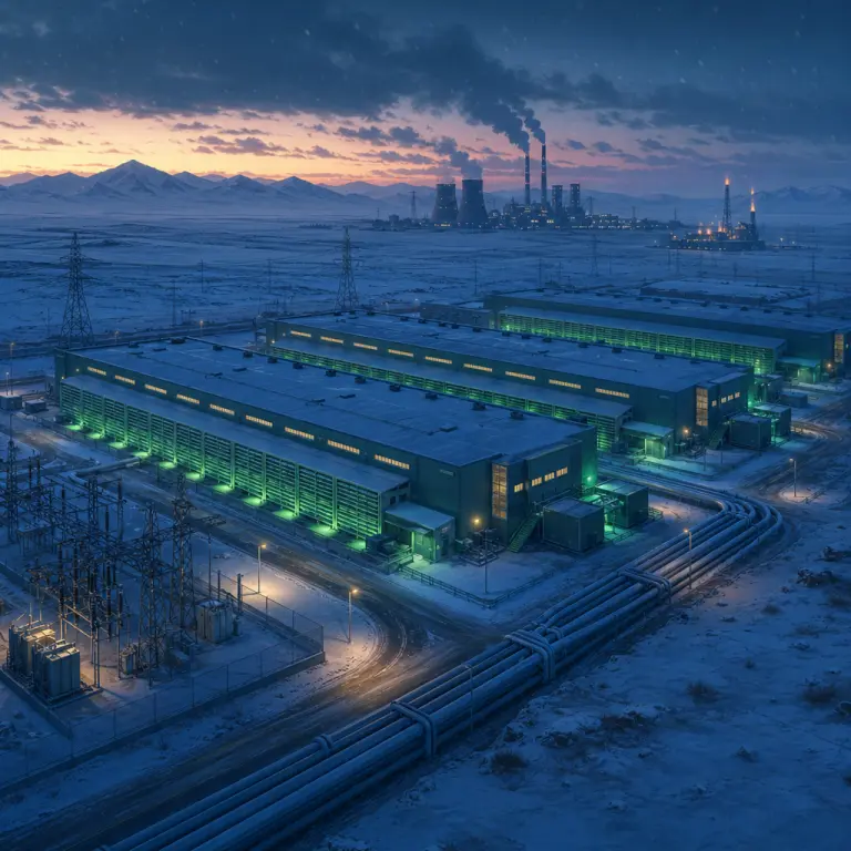 Aerial illustration of NoxHash mining data center connected to Kazakhstan industrial power grid with natural gas and coal plants in the background