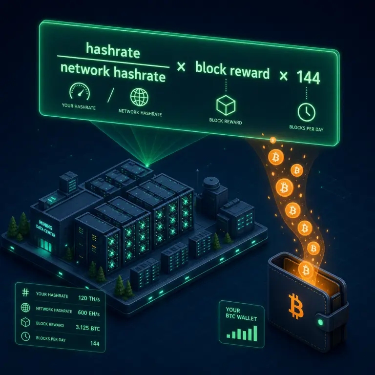 Minh họa công thức FPPS kết nối network hashrate, block reward và ví người dùng nhận BTC