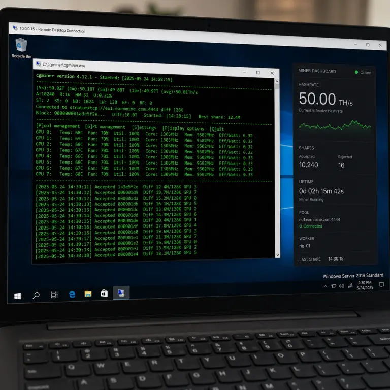 2일 무료 체험 중 라이브 CGMiner 터미널을 보여주는 NoxHash 마이닝 데스크톱 뷰