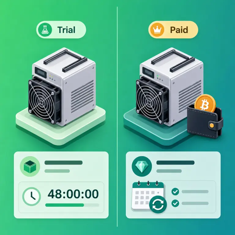Minh họa so sánh song song giữa bản dùng thử miễn phí và gói Basic Miner trả phí của NoxHash