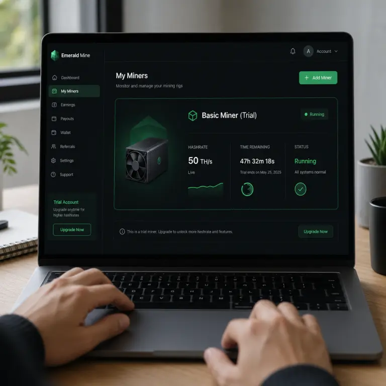 Trang My Machines của NoxHash hiển thị máy Basic Miner dùng thử đang chạy với hashrate live và đồng hồ đếm ngược