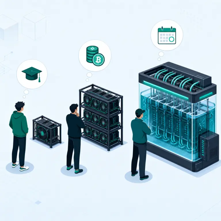 3 つのマイニングペルソナタイプ — 学習者、レギュラー、アキュムレーター — が 3 つの異なるティアのクラウドマイニングインフラとマッチしたイラスト