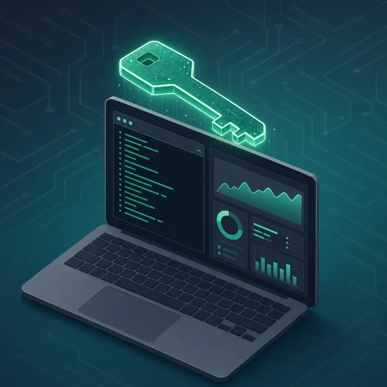 Illustration of a digital API key connecting a developer laptop to the NoxHash mining dashboard