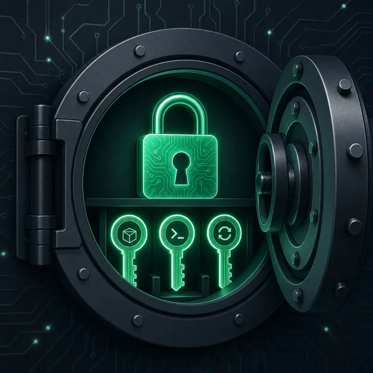 Illustration of multiple named API keys stored inside a secure digital vault