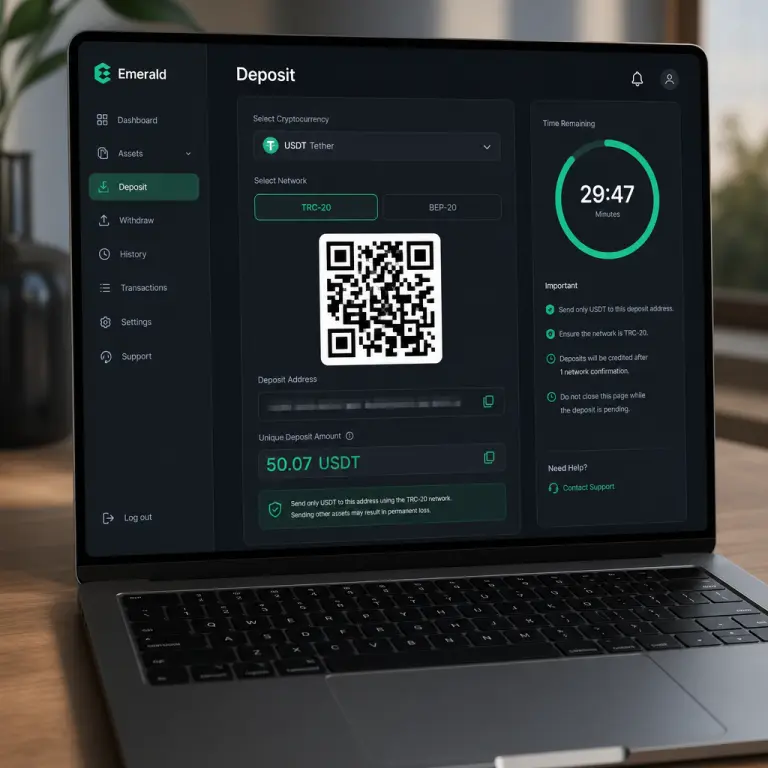NoxHash USDT deposit screen showing the QR code, unique amount with extra cents, and 30-minute countdown timer