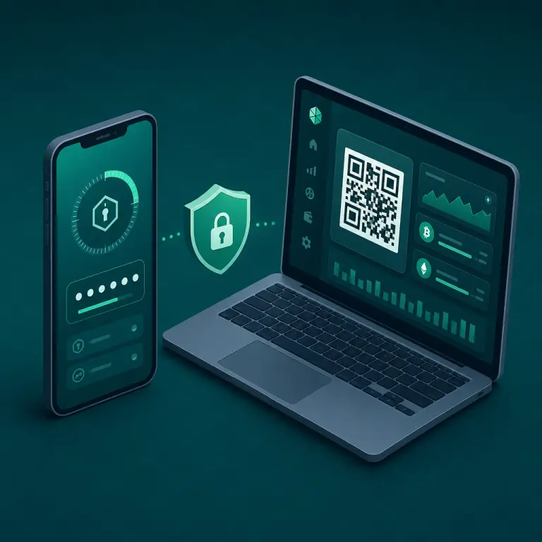 Иллюстрация настройки 2FA: приложение-аутентификатор на телефоне и QR-код на странице профиля NoxHash