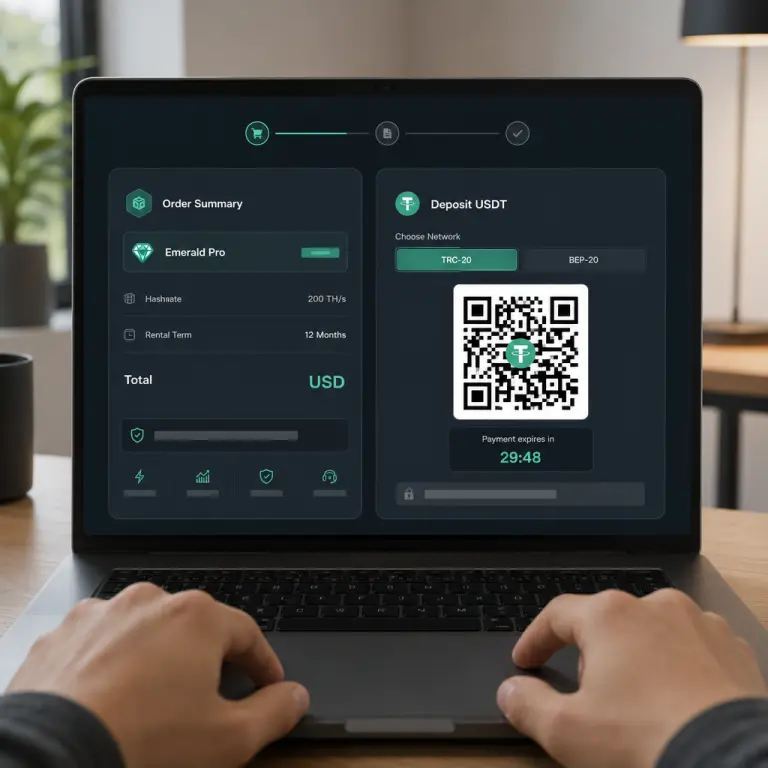Экран оформления заказа NoxHash с вариантами депозита USDT TRC-20 и BEP-20 и 30-минутным обратным отсчётом подтверждения