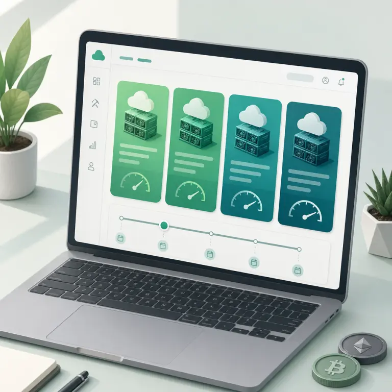 Иллюстрация NoxHash Marketplace с четырьмя тарифами майнеров и переключателем срока аренды