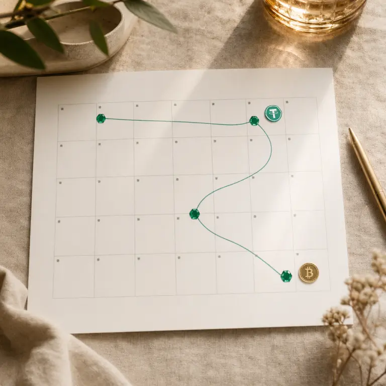 A minimalist calendar page for a 30-day cloud mining action plan with small marks on key days connected by a hand-drawn line and a small Bitcoin icon at day 30