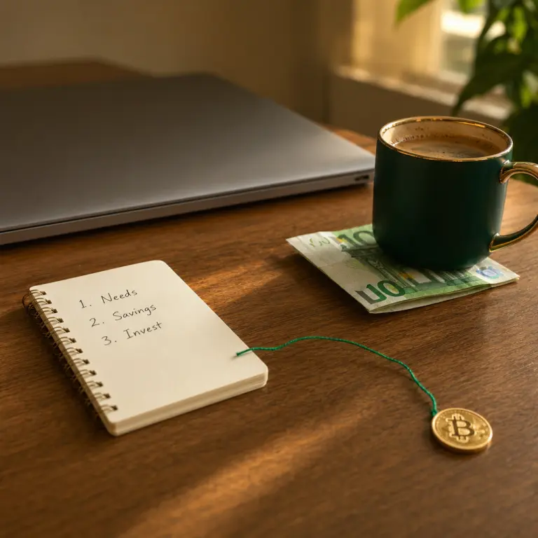 A tidy desk with a handwritten budget note, a banknote under a coffee cup, and a small Bitcoin coin, illustrating a careful under-$50 start to cloud mining