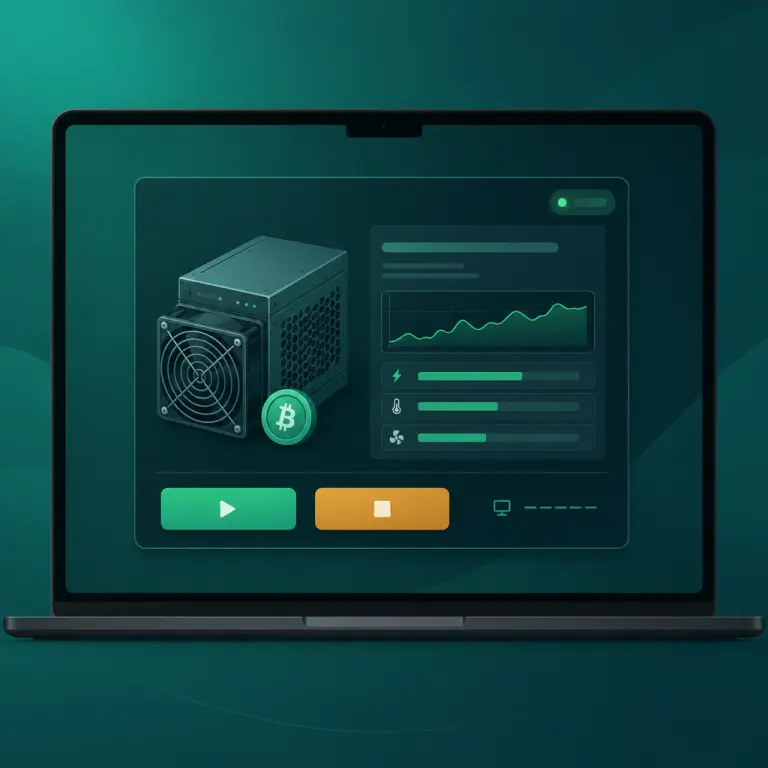 Illustration showing the Start, Stop, and View Desktop buttons on a NoxHash mining machine card