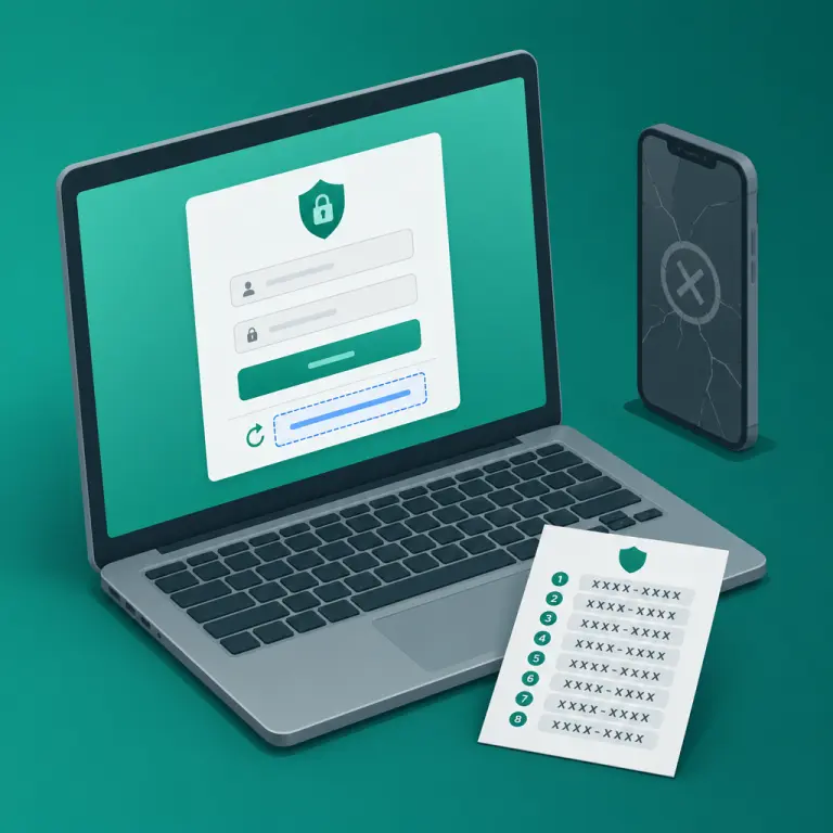 Иллюстрация процесса входа в NoxHash по резервному коду при потерянном телефоне и распечатанных резервных кодах