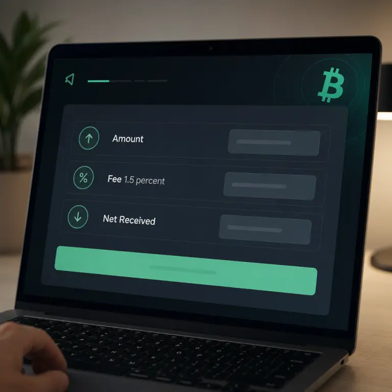Форма вывода NoxHash показывает раскладку 1,5% комиссии: запрошенная сумма, комиссия и чистый BTC