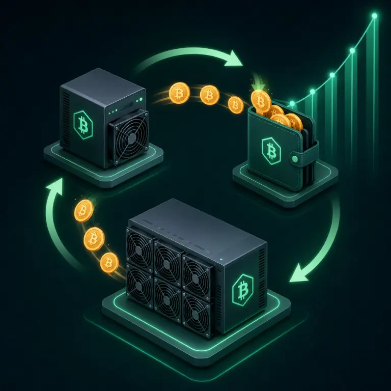 BTC 挖矿再投资循环示意图：收益资助更多矿机，从而复利增长 hashrate