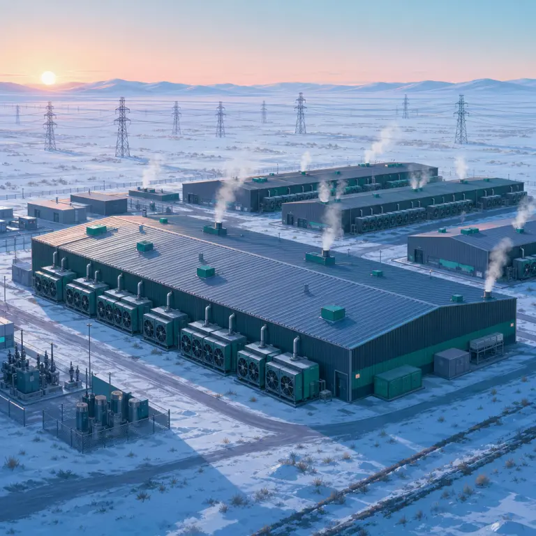 Aerial illustration of the NoxHash mining data center in snowy Kazakhstan with industrial buildings and power infrastructure